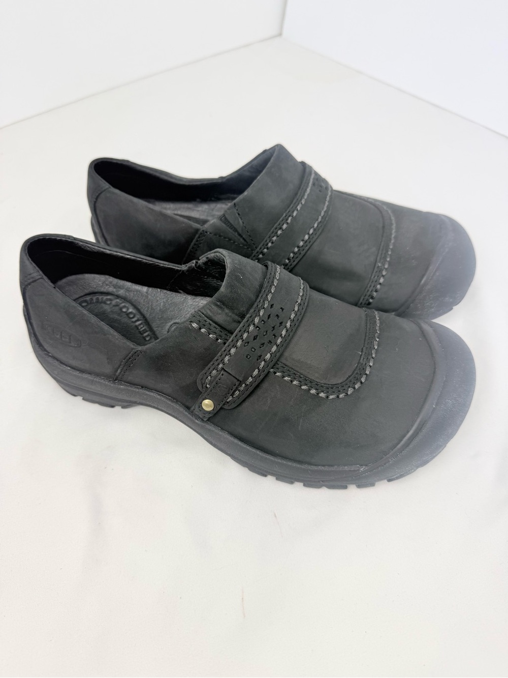 Keen KACI Black Full Grain Leather Slip On Clog Shoes - Picture 9 of 16
